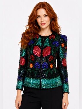 Laurence Kazar VTG Glam Sequin Beaded 100 % Silk Party Jacket NWT L
